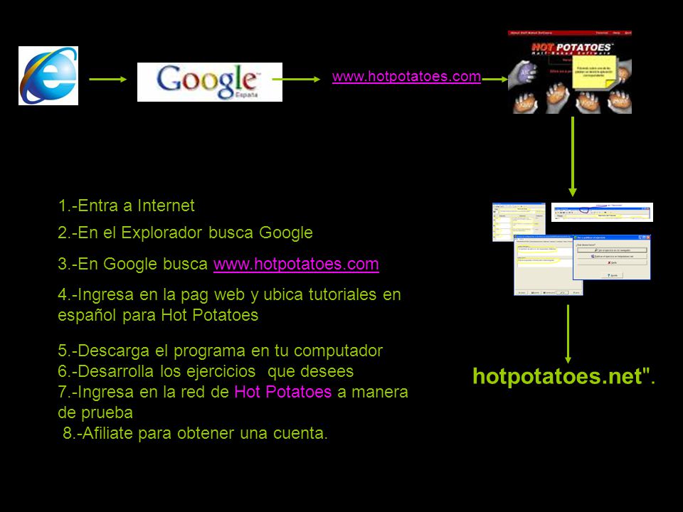 hotpotatoes.net . 1.-Entra a Internet 2.-En el Explorador busca Google