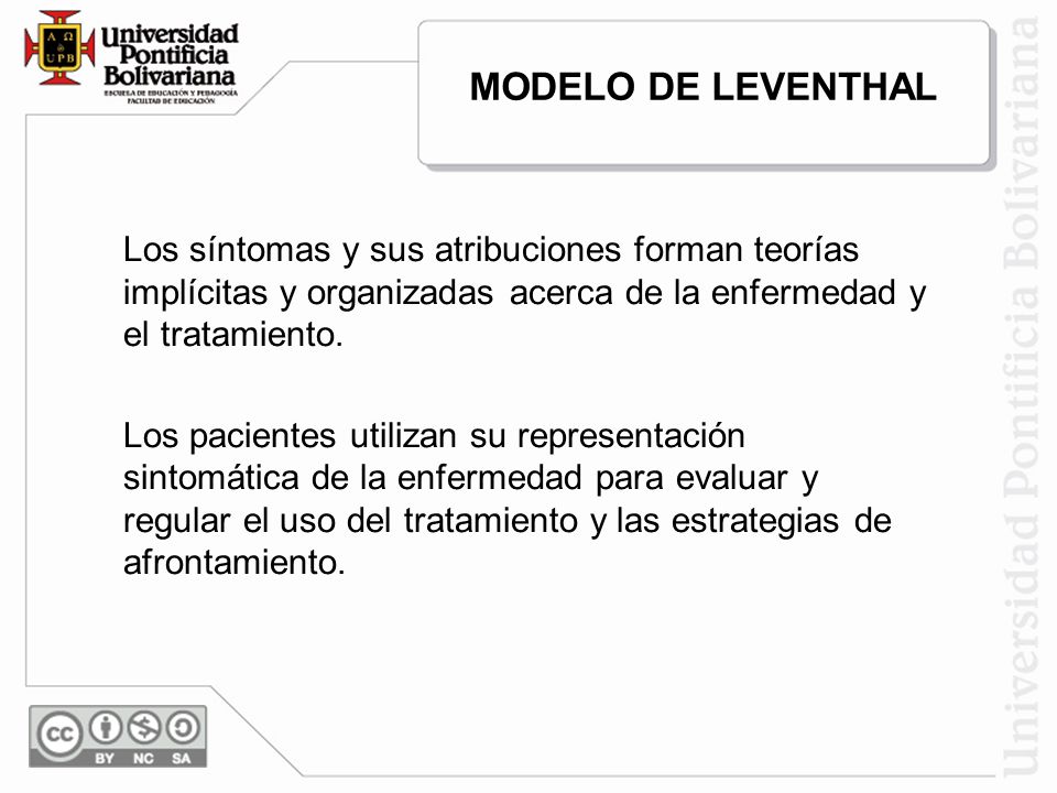 MODELO DE LEVENTHAL Los síntomas y sus atribuciones forman teorías implícitas y organizadas acerca de la enfermedad y el tratamiento.