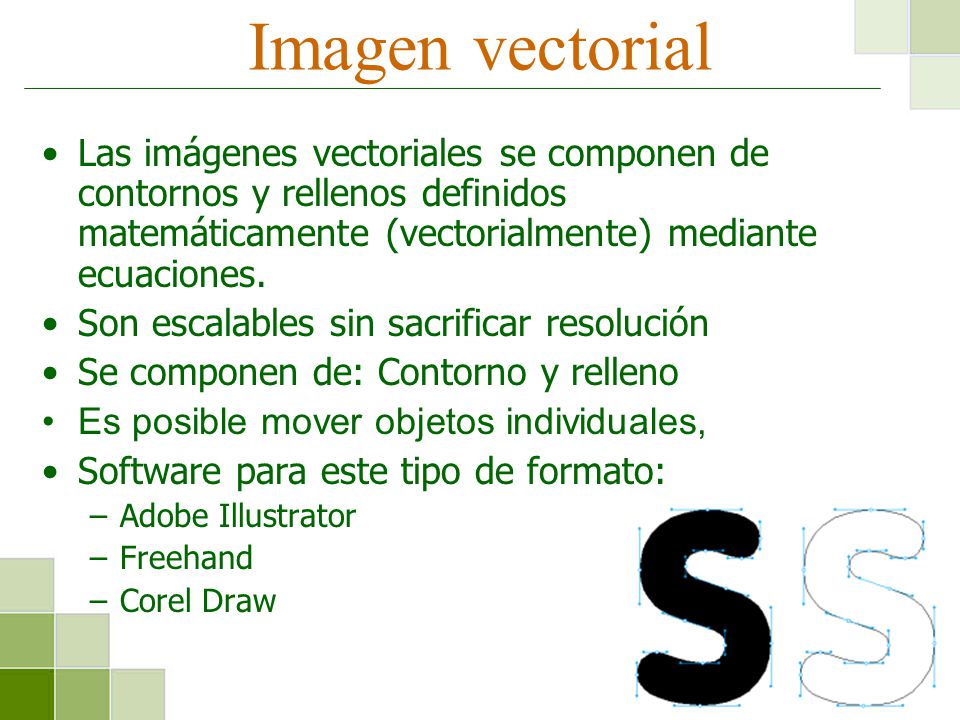 Imagen vectorial Las imágenes vectoriales se componen de contornos y rellenos definidos matemáticamente (vectorialmente) mediante ecuaciones.