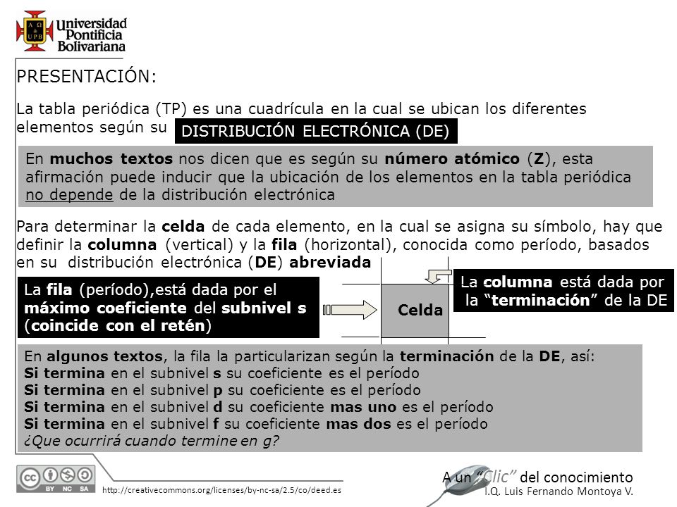 PRESENTACIÓN: La tabla periódica (TP) es una cuadrícula en la cual se ubican los diferentes elementos según su.