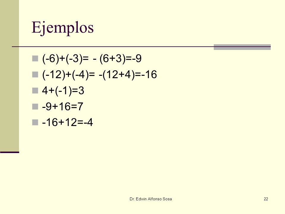 Ejemplos (-6)+(-3)= - (6+3)=-9 (-12)+(-4)= -(12+4)=-16 4+(-1)=3