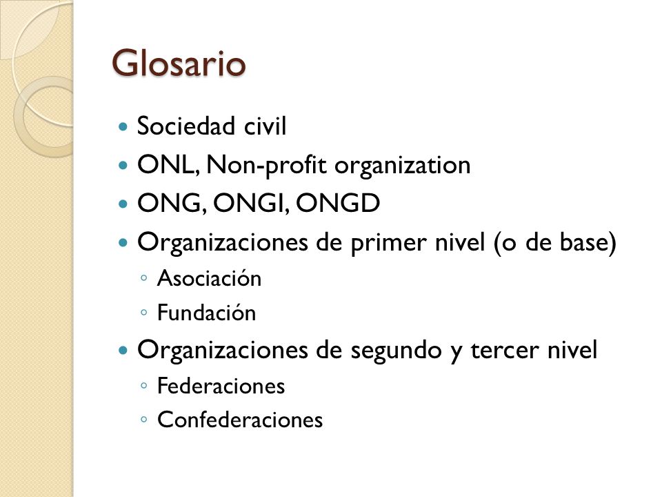 Glosario Sociedad civil ONL, Non-profit organization ONG, ONGI, ONGD