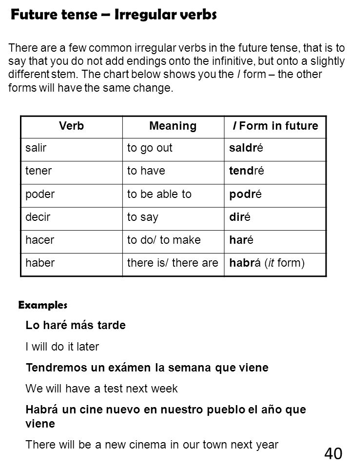 40 Future tense – Irregular verbs Verb Meaning I Form in future salir