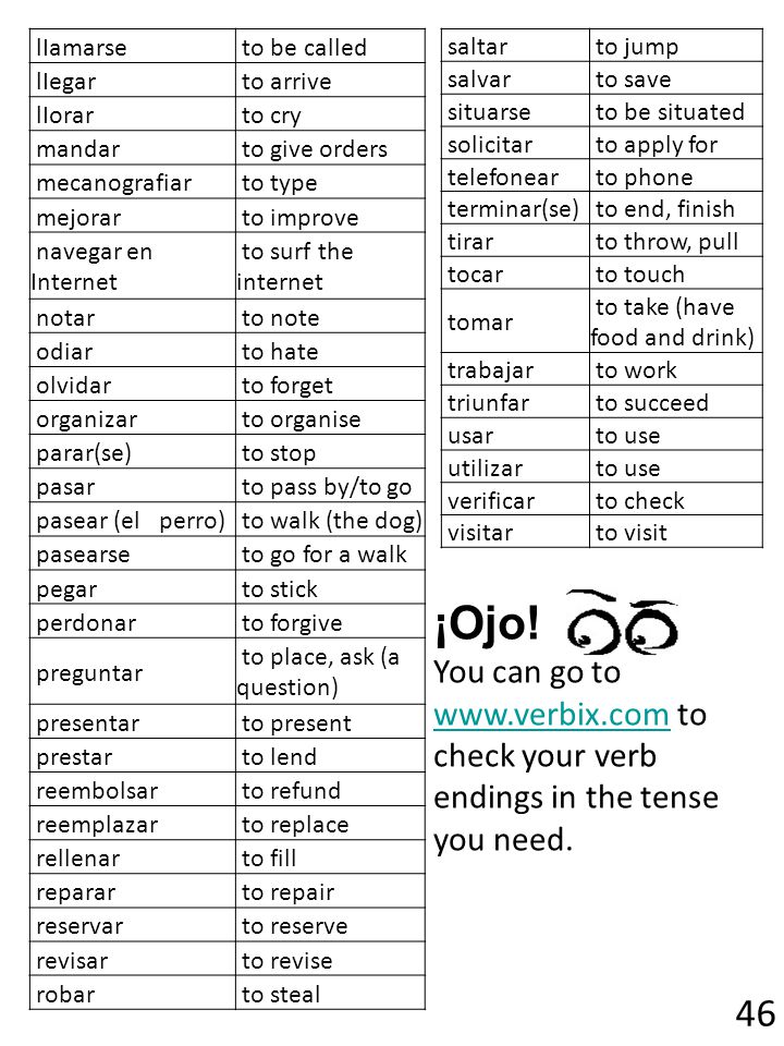 lIamarse to be called. lIegar. to arrive. lIorar. to cry. mandar. to give orders. mecanografiar.