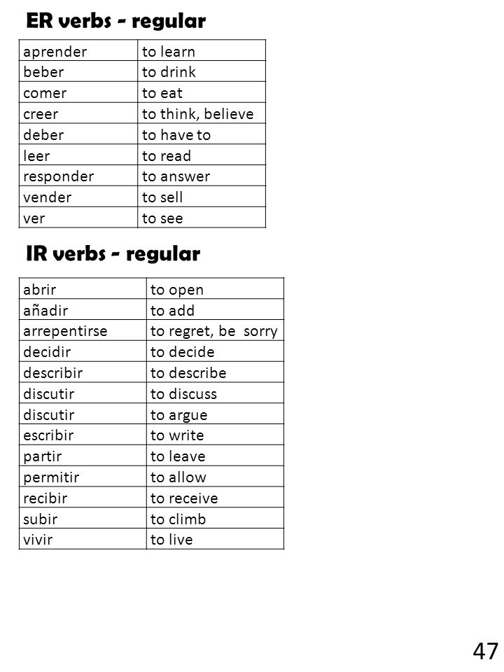 47 ER verbs - regular IR verbs - regular aprender to learn beber