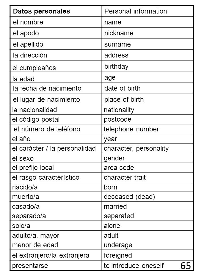 65 Datos personales Personal information el nombre name el apodo