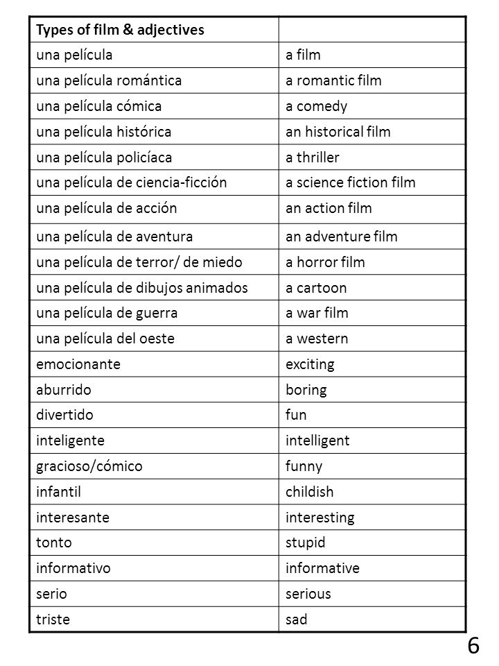 6 Types of film & adjectives una película a film
