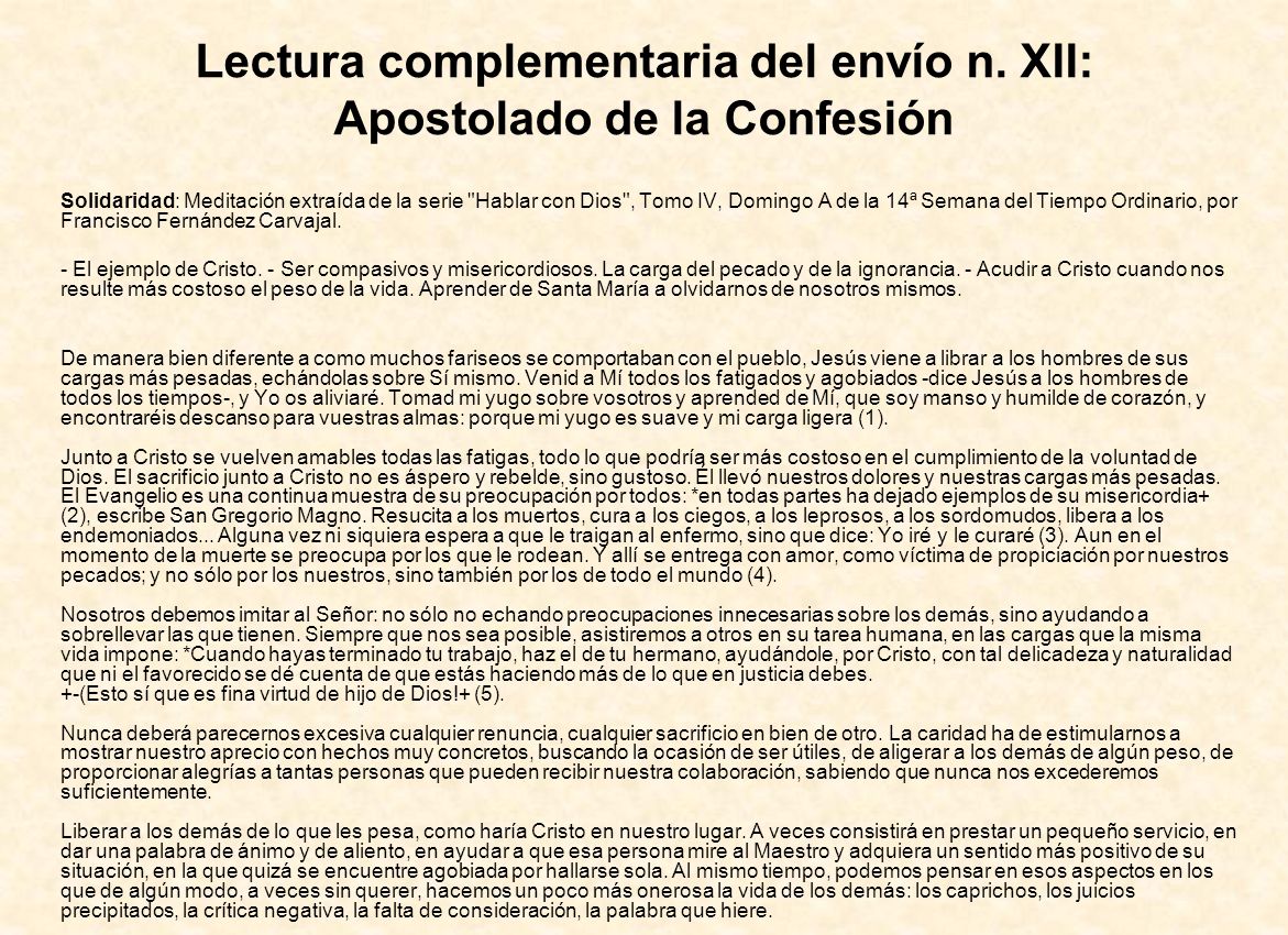 Lectura complementaria del envío n. XII: Apostolado de la Confesión