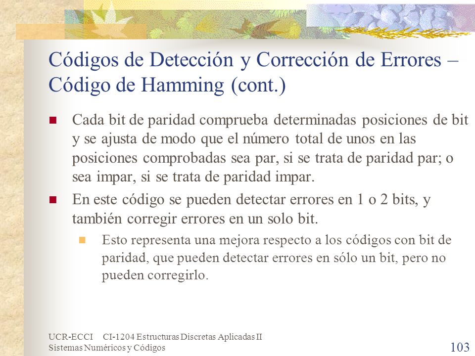 Códigos de Detección y Corrección de Errores – Código de Hamming (cont