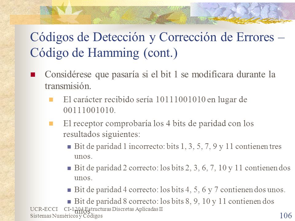 Códigos de Detección y Corrección de Errores – Código de Hamming (cont