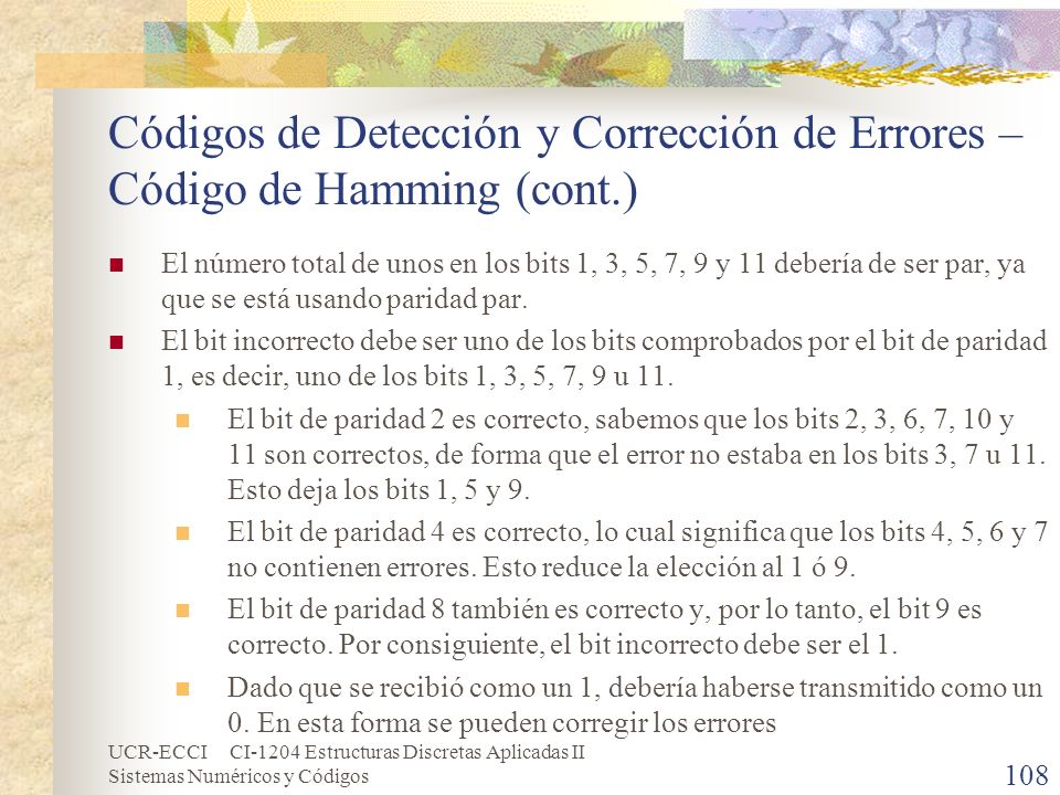 Códigos de Detección y Corrección de Errores – Código de Hamming (cont