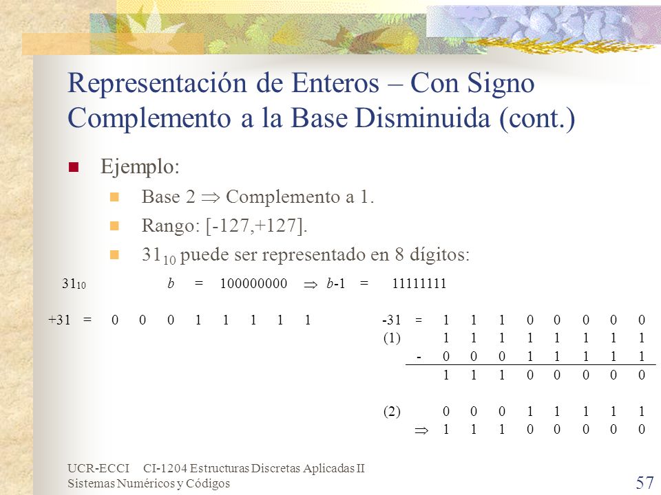 Representación de Enteros – Con Signo Complemento a la Base Disminuida (cont.)
