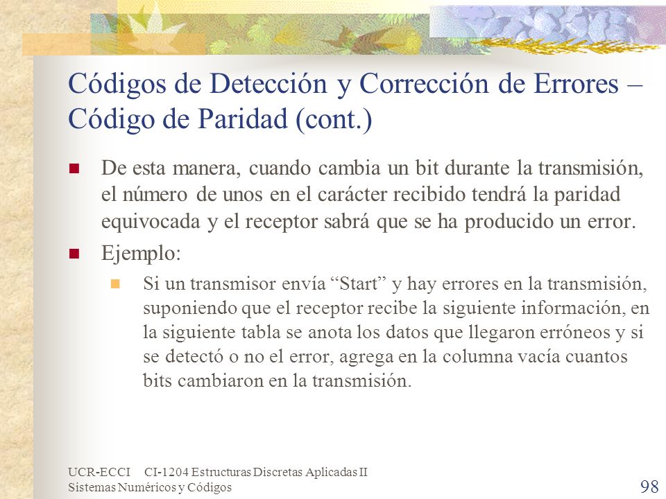 Códigos de Detección y Corrección de Errores – Código de Paridad (cont