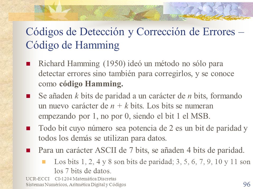 Códigos de Detección y Corrección de Errores – Código de Hamming