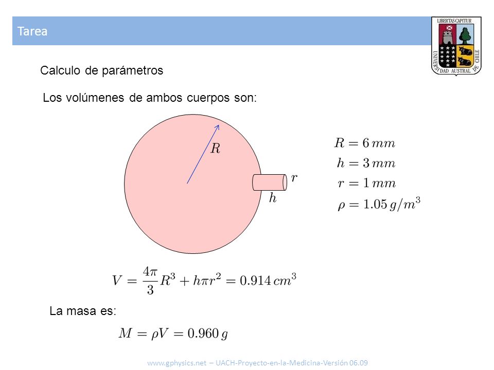 Tarea Calculo de parámetros Los volúmenes de ambos cuerpos son: