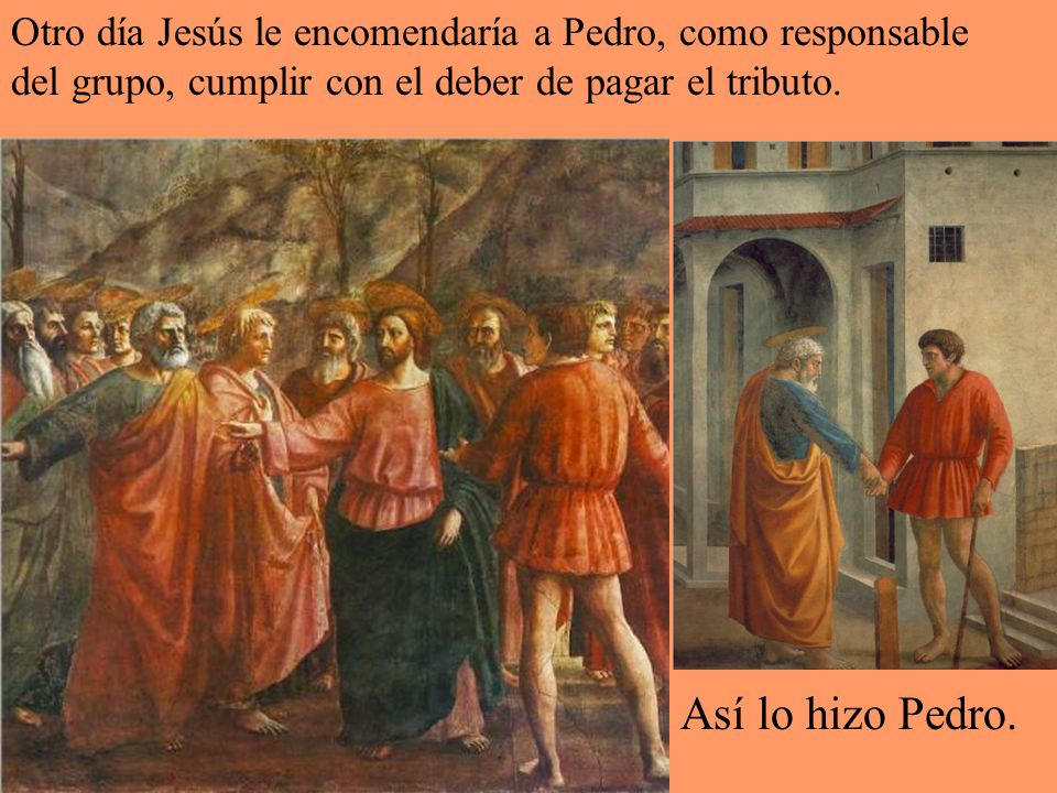 Otro día Jesús le encomendaría a Pedro, como responsable del grupo, cumplir con el deber de pagar el tributo.