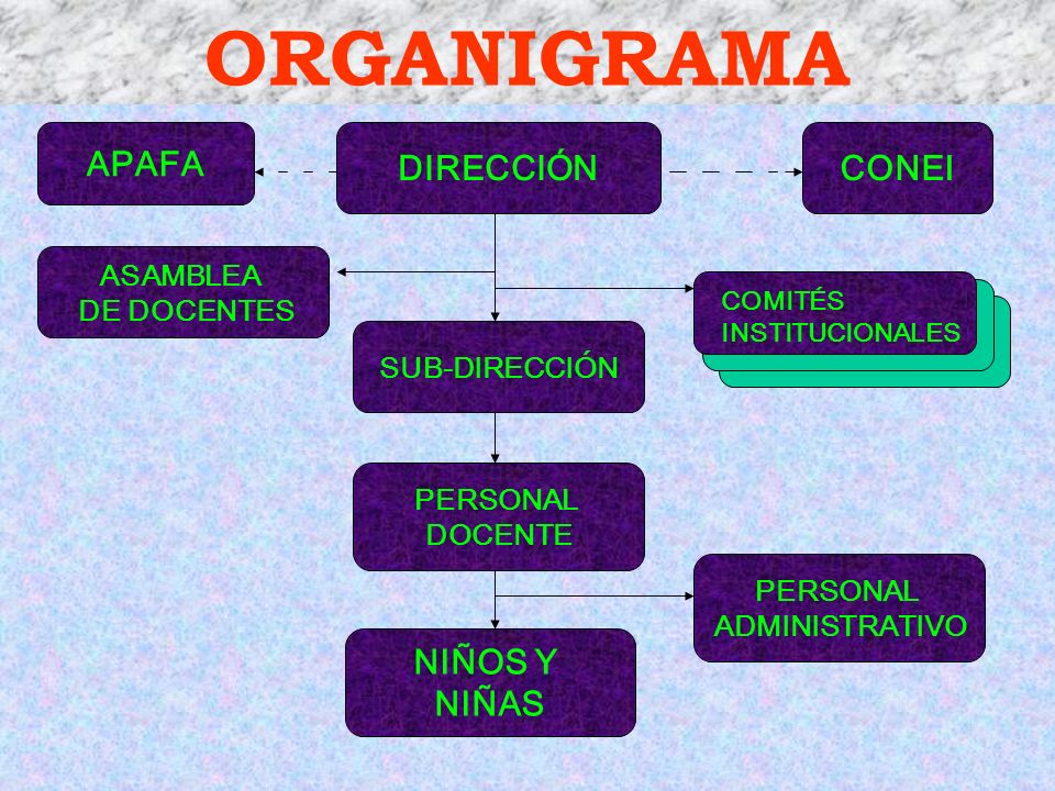 ORGANIGRAMA APAFA DIRECCIÓN CONEI NIÑOS Y NIÑAS ASAMBLEA DE DOCENTES