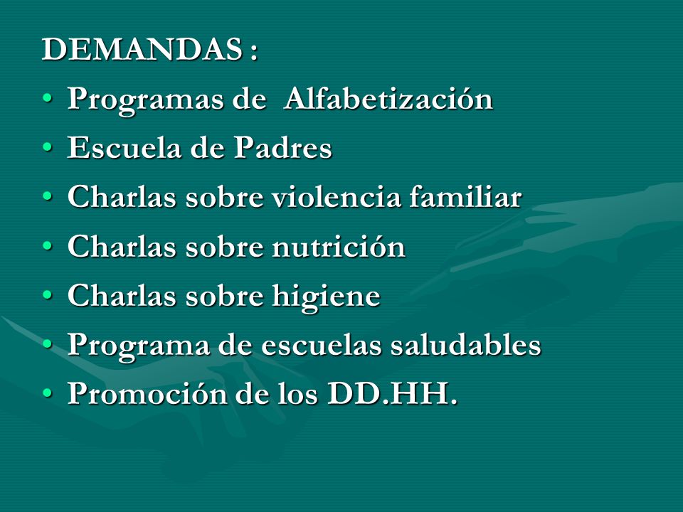 DEMANDAS : Programas de Alfabetización. Escuela de Padres. Charlas sobre violencia familiar. Charlas sobre nutrición.