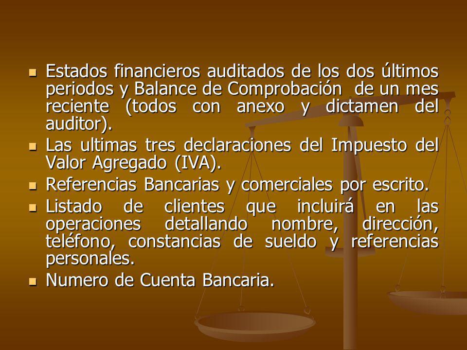 Estados financieros auditados de los dos últimos periodos y Balance de Comprobación de un mes reciente (todos con anexo y dictamen del auditor).