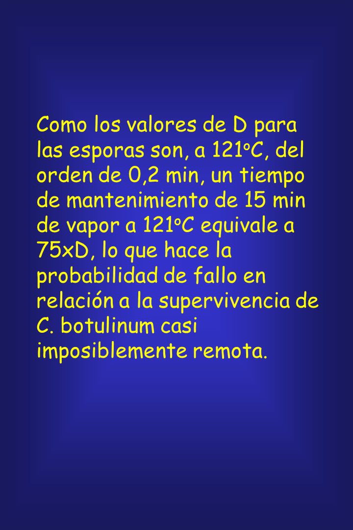 Como los valores de D para las esporas son, a 121oC, del orden de 0,2 min, un tiempo de mantenimiento de 15 min de vapor a 121oC equivale a 75xD, lo que hace la probabilidad de fallo en relación a la supervivencia de C.