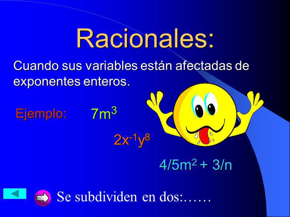 Racionales: 7m3 2x-1y8 4/5m2 + 3/n Se subdividen en dos:……