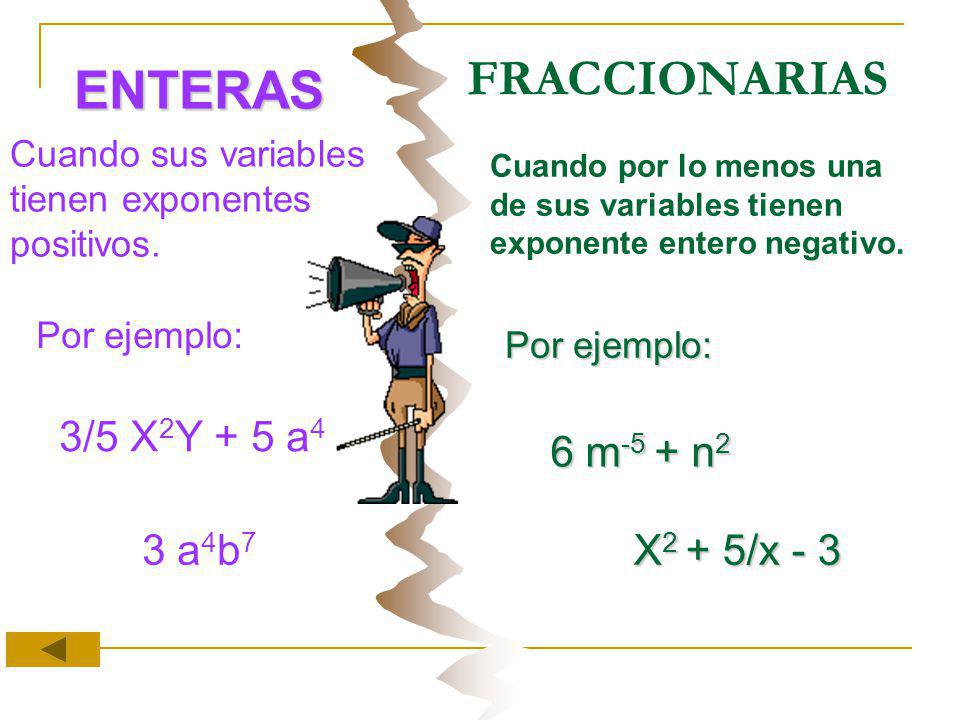 ENTERAS FRACCIONARIAS 3/5 X2Y + 5 a4 6 m-5 + n2 3 a4b7 X2 + 5/x - 3