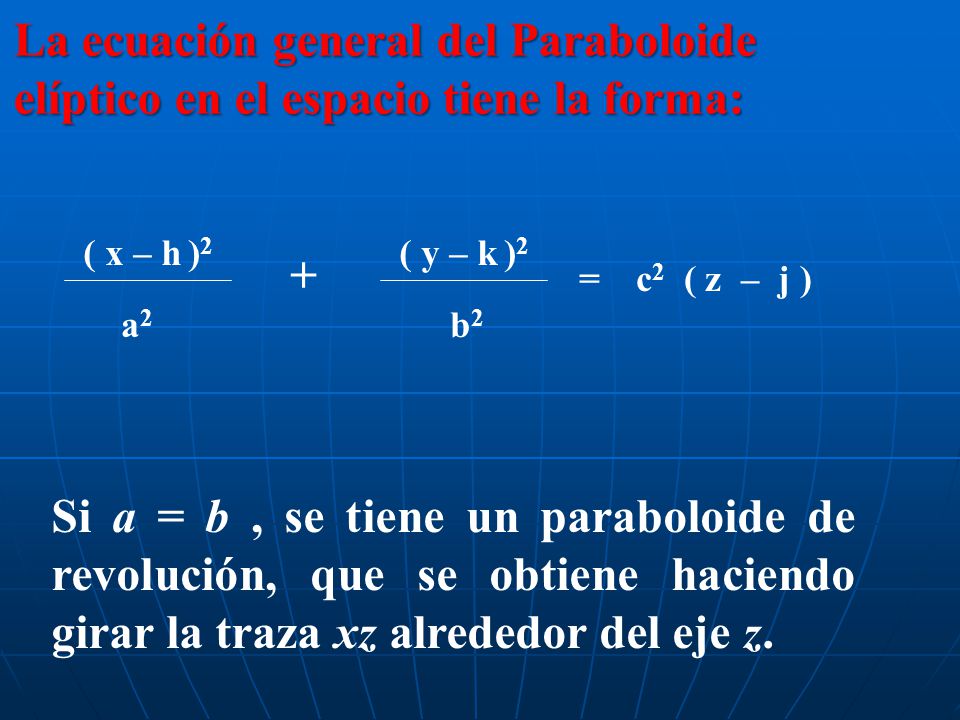 La ecuación general del Paraboloide elíptico en el espacio tiene la forma:
