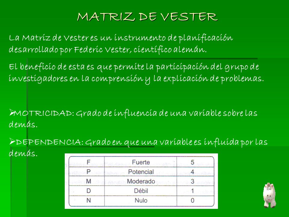 MATRIZ DE VESTER La Matriz de Vester es un instrumento de planificación desarrollado por Federic Vester, científico alemán.