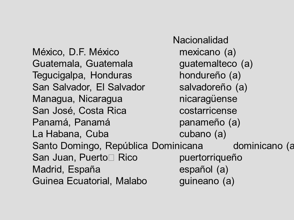 Nacionalidad México, D.F. México mexicano (a) Guatemala, Guatemala guatemalteco (a) Tegucigalpa, Honduras hondureño (a)