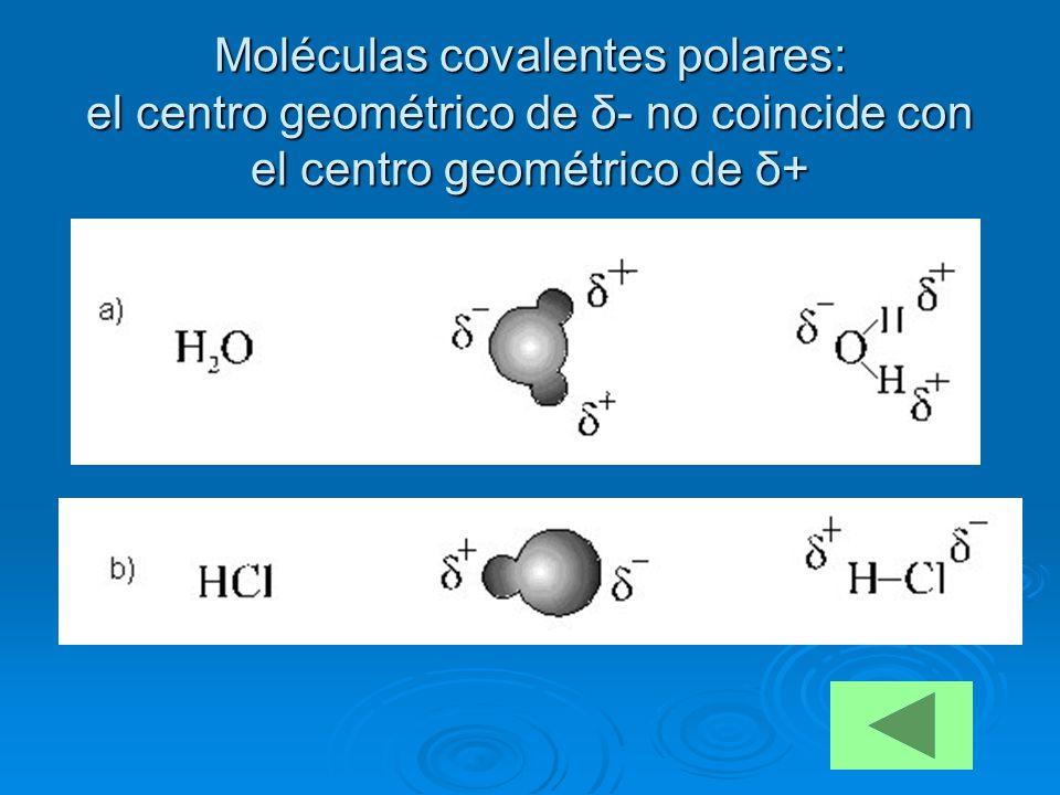 Moléculas covalentes polares: el centro geométrico de δ- no coincide con el centro geométrico de δ+
