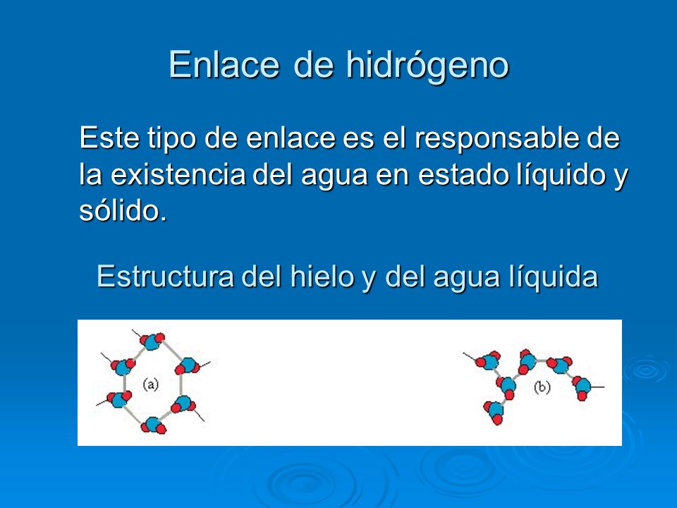 Enlace de hidrógeno Este tipo de enlace es el responsable de la existencia del agua en estado líquido y sólido.