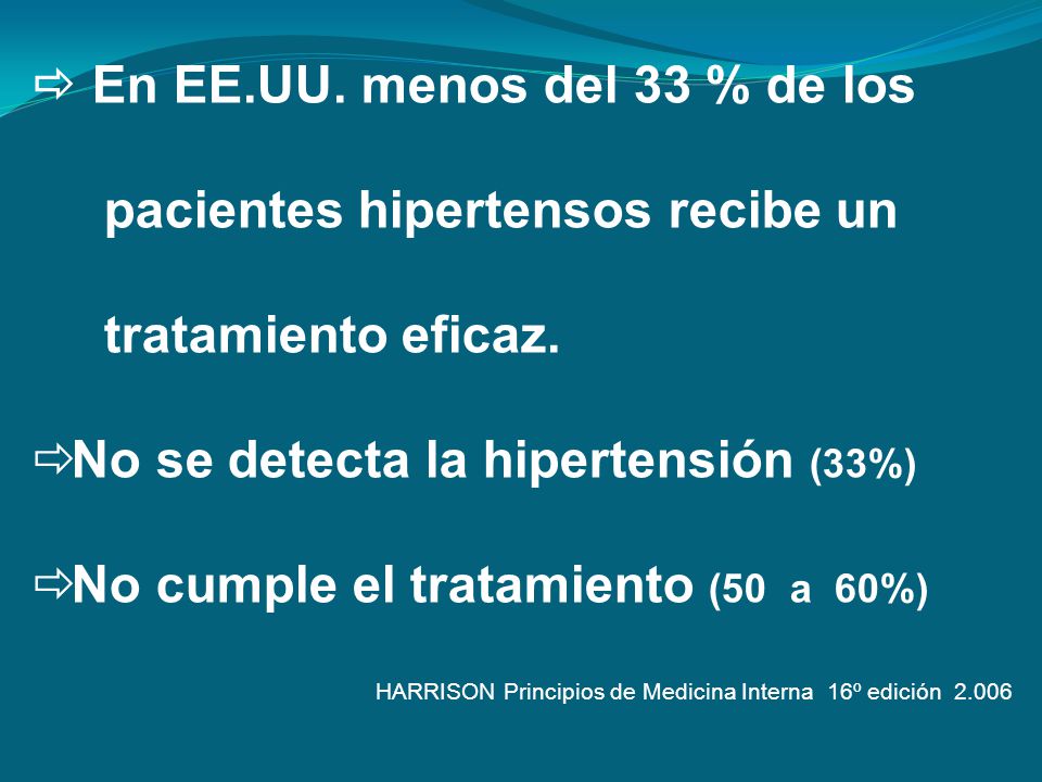  En EE.UU. menos del 33 % de los pacientes hipertensos recibe un