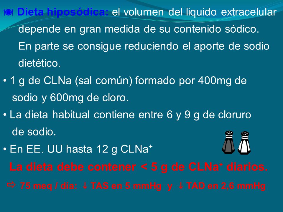  75 meq / día:  TAS en 5 mmHg y  TAD en 2,6 mmHg