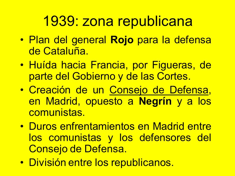 1939: zona republicana Plan del general Rojo para la defensa de Cataluña. Huída hacia Francia, por Figueras, de parte del Gobierno y de las Cortes.