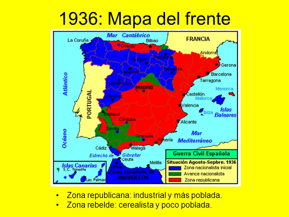 1936: Mapa del frente Zona republicana: industrial y más poblada.
