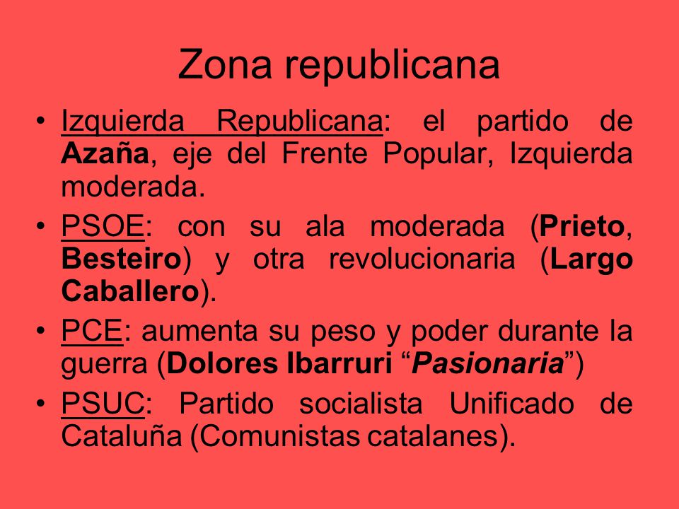 Zona republicana Izquierda Republicana: el partido de Azaña, eje del Frente Popular, Izquierda moderada.