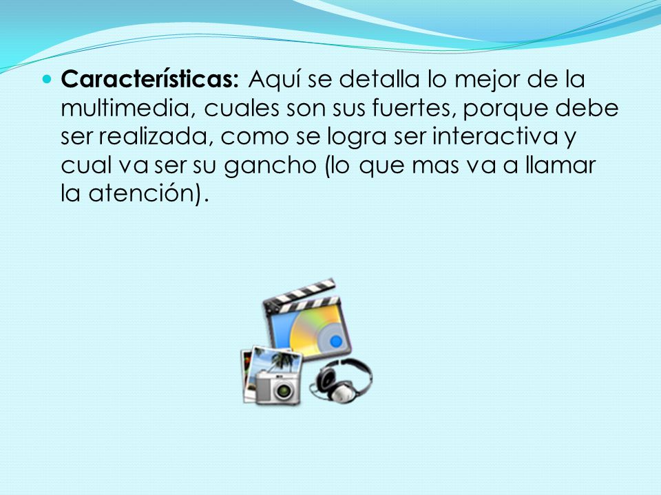 Características: Aquí se detalla lo mejor de la multimedia, cuales son sus fuertes, porque debe ser realizada, como se logra ser interactiva y cual va ser su gancho (lo que mas va a llamar la atención).