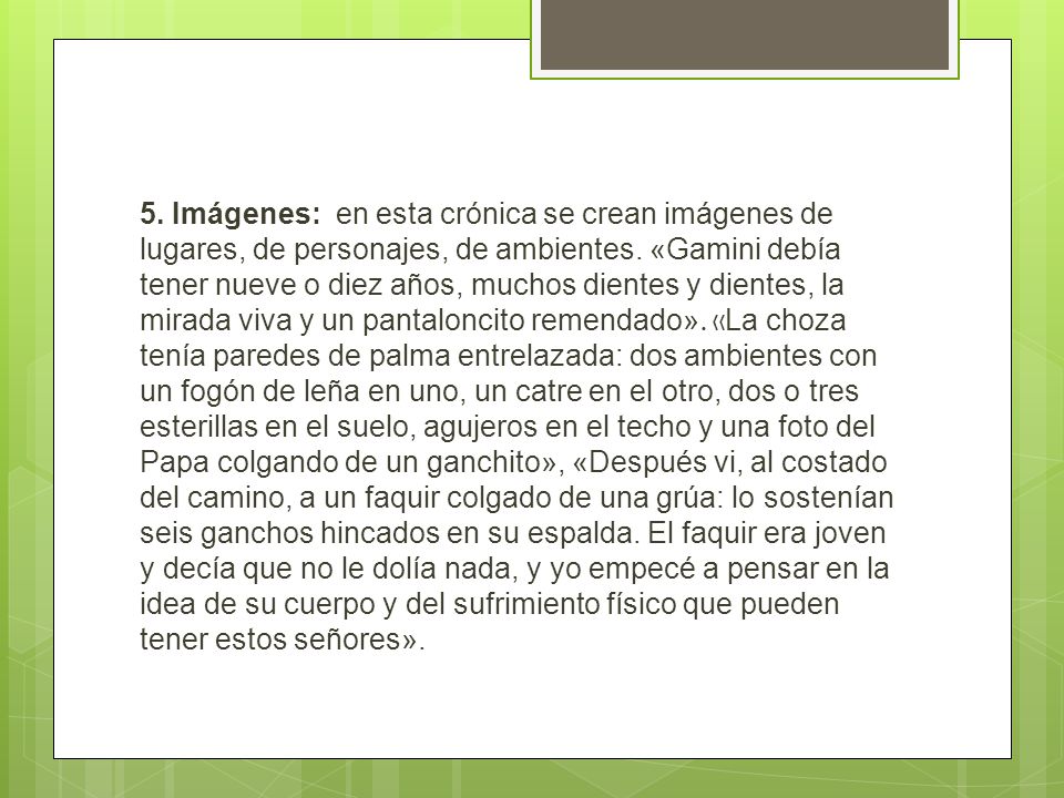 5. Imágenes: en esta crónica se crean imágenes de lugares, de personajes, de ambientes.