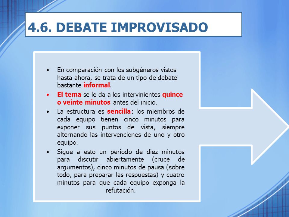 4.6. DEBATE IMPROVISADO En comparación con los subgéneros vistos hasta ahora, se trata de un tipo de debate bastante informal.