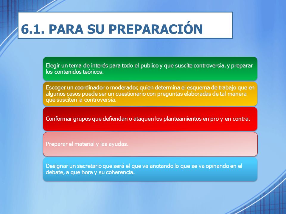 6.1. PARA SU PREPARACIÓN Elegir un tema de interés para todo el publico y que suscite controversia, y preparar los contenidos teóricos.