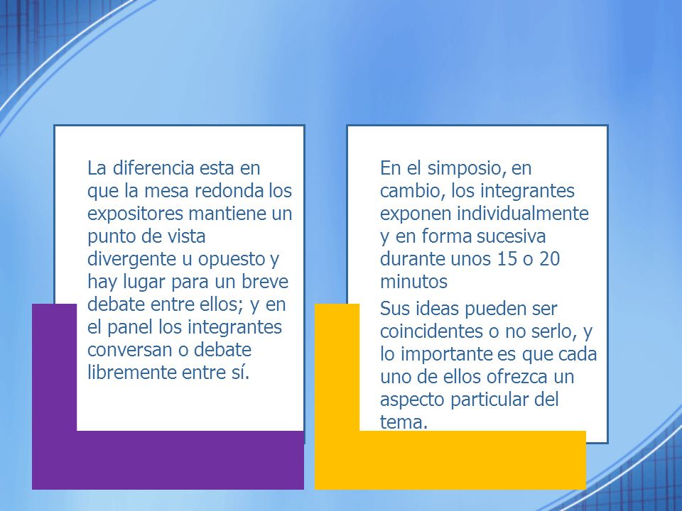 La diferencia esta en que la mesa redonda los expositores mantiene un punto de vista divergente u opuesto y hay lugar para un breve debate entre ellos; y en el panel los integrantes conversan o debate libremente entre sí.