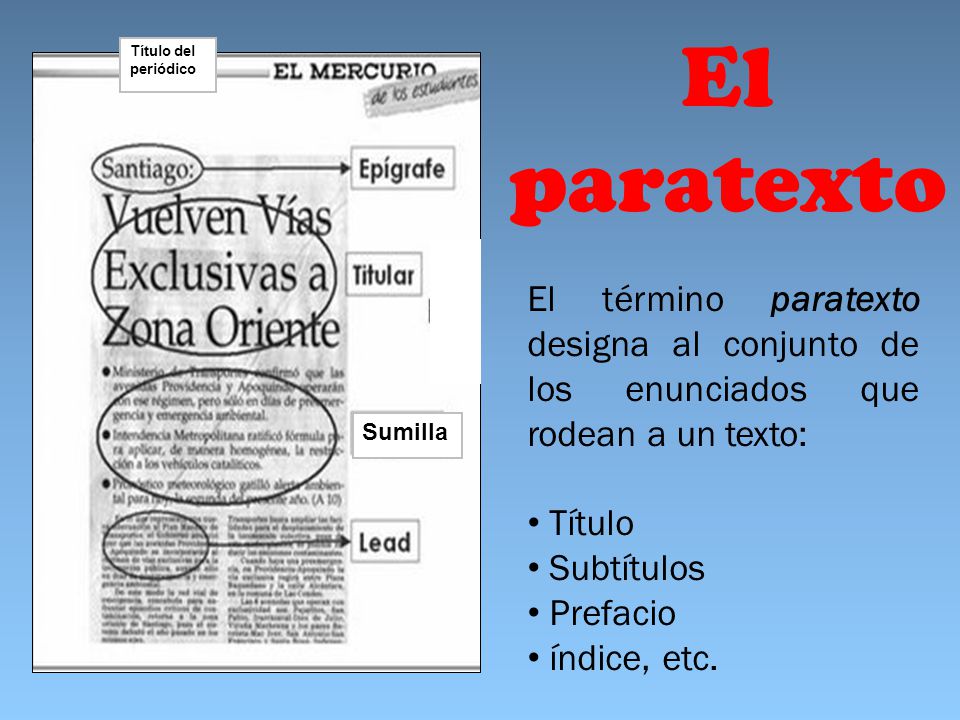 Título del periódico El paratexto. El término paratexto designa al conjunto de los enunciados que rodean a un texto: