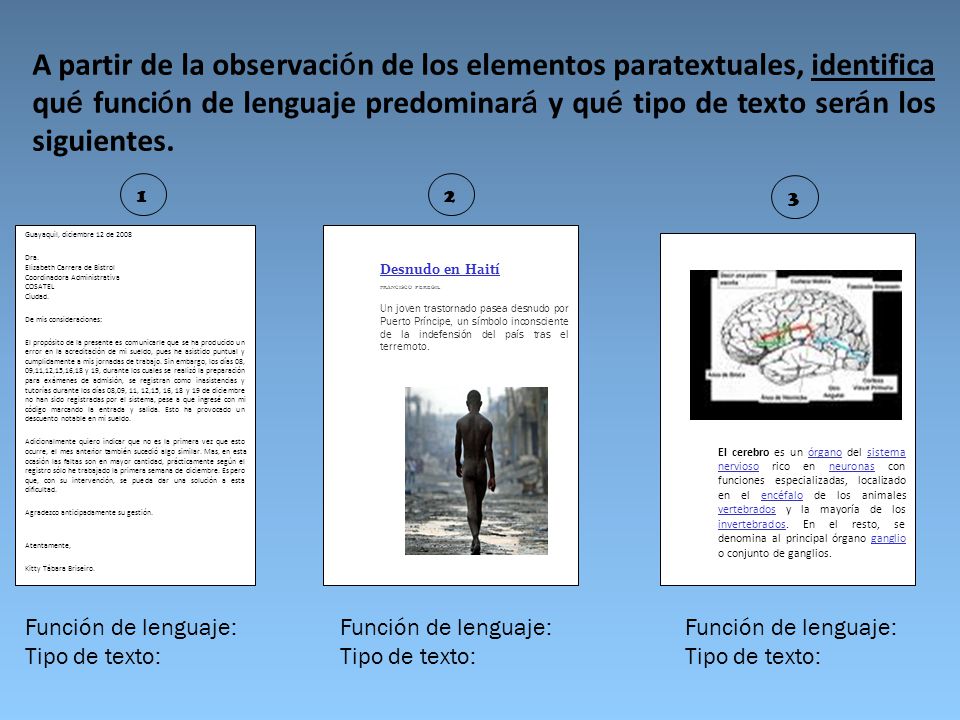 A partir de la observación de los elementos paratextuales, identifica qué función de lenguaje predominará y qué tipo de texto serán los siguientes.