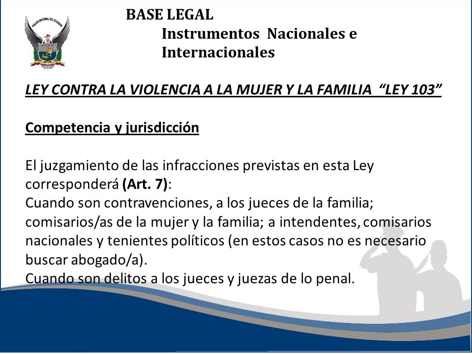BASE LEGAL Instrumentos Nacionales e Internacionales. LEY CONTRA LA VIOLENCIA A LA MUJER Y LA FAMILIA LEY 103