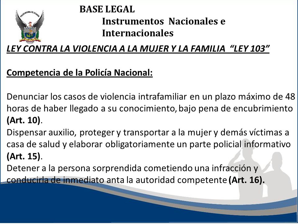 BASE LEGAL Instrumentos Nacionales e Internacionales. LEY CONTRA LA VIOLENCIA A LA MUJER Y LA FAMILIA LEY 103