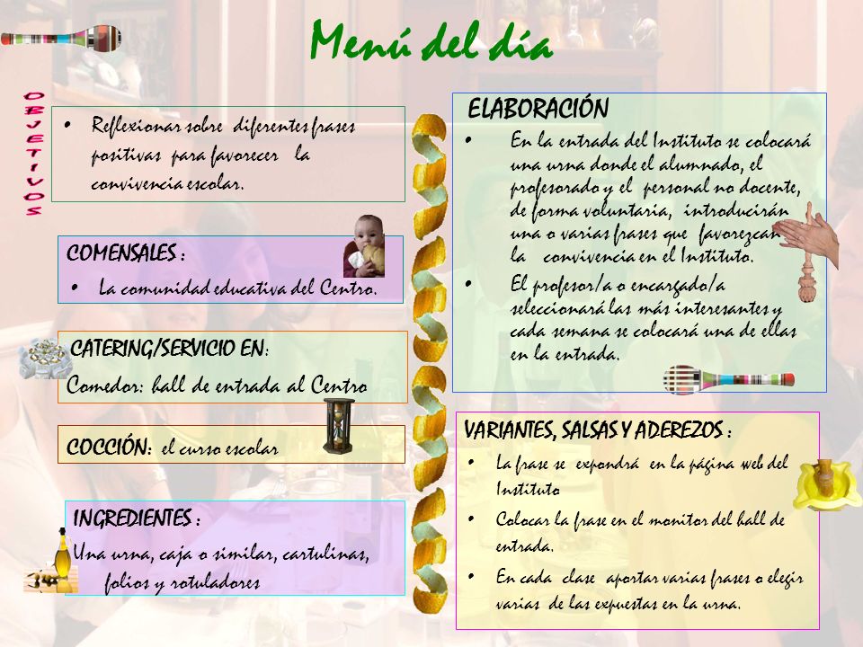 Menú del día OBJETIVOS ELABORACIÓN Comedor: hall de entrada al Centro