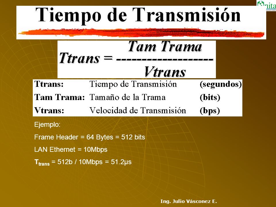 Ejemplo: Frame Header = 64 Bytes = 512 bits LAN Ethernet = 10Mbps Ttrans = 512b / 10Mbps = 51.2µs