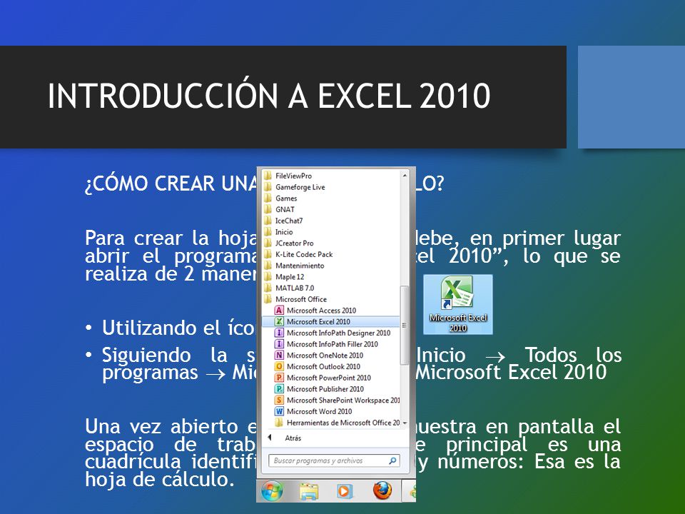 INTRODUCCIÓN A EXCEL 2010 ¿CÓMO CREAR UNA HOJA DE CÁLCULO