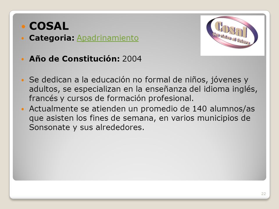 COSAL Categoria: Apadrinamiento Año de Constitución: 2004