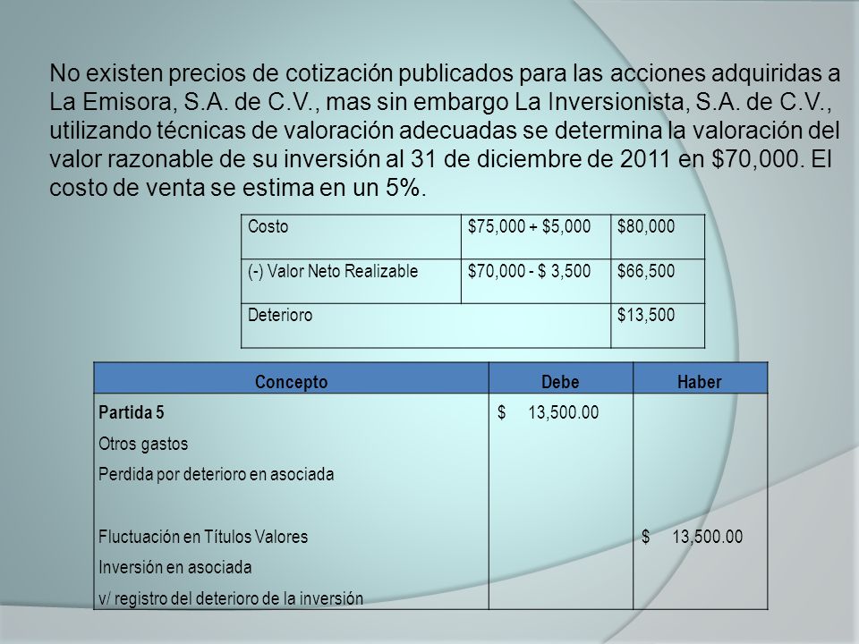 No existen precios de cotización publicados para las acciones adquiridas a La Emisora, S.A. de C.V., mas sin embargo La Inversionista, S.A. de C.V., utilizando técnicas de valoración adecuadas se determina la valoración del valor razonable de su inversión al 31 de diciembre de 2011 en $70,000. El costo de venta se estima en un 5%.